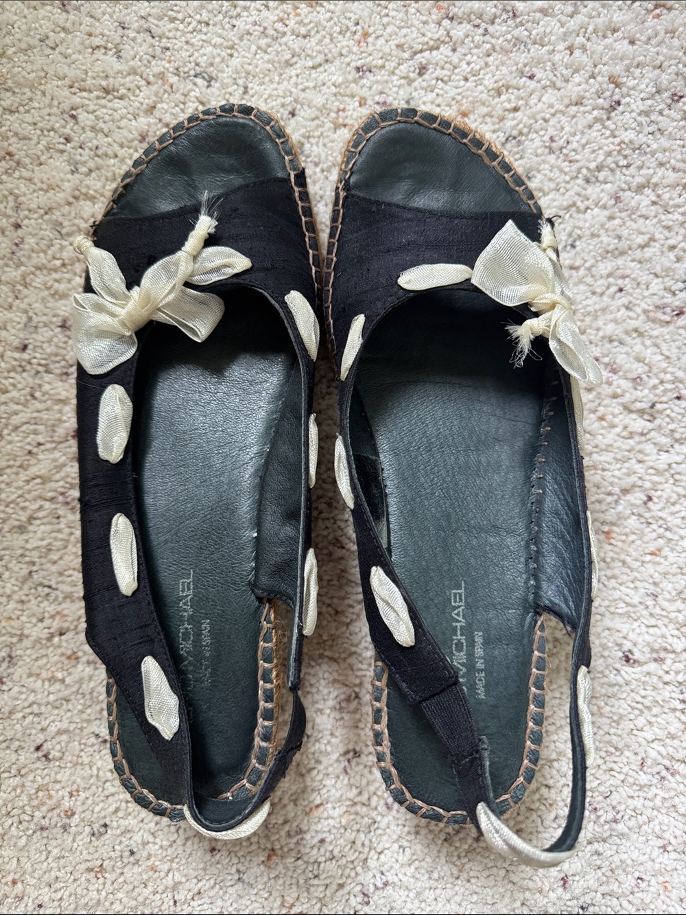 Eric Michael Black Espadrille Slingback Flats with Cream Bow Accents